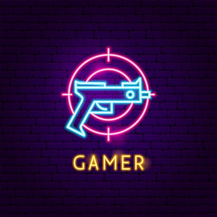 Vettore etichetta al neon del giocatore. illustrazione vettoriale di promozione del gioco.