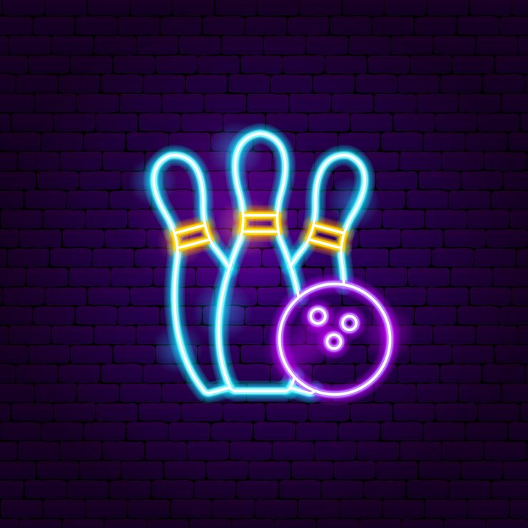 Etichetta al neon di bowling. Illustrazione vettoriale di promozione sportiva.