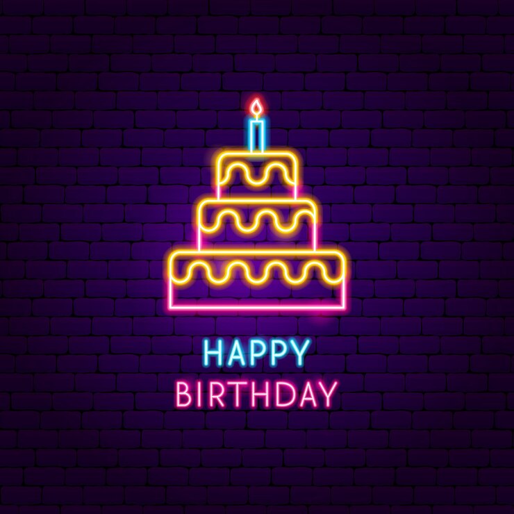 Etichetta al neon di buon compleanno. Illustrazione vettoriale di promozione della celebrazione.