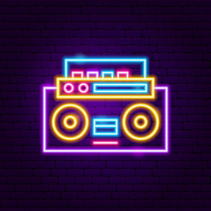 Vettore etichetta al neon per registratore musicale. illustrazione vettoriale di promozione retrò alla moda.
