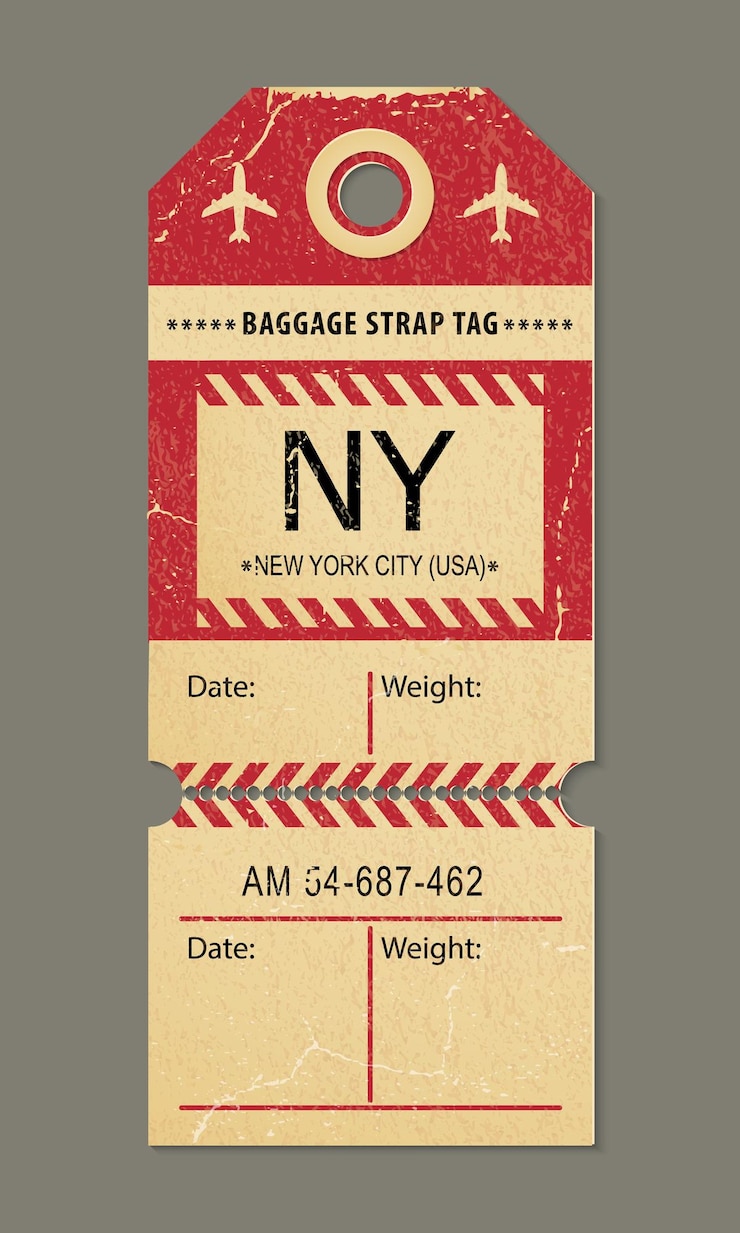 Vettore etichetta bagaglio vintage etichetta di viaggio retrò etichette bagaglio aereo controllare il biglietto del bagaglio per i passeggeri all'aeroporto bus treno volo aereo viaggio etichetta paese new york city illustrazione vettoriale