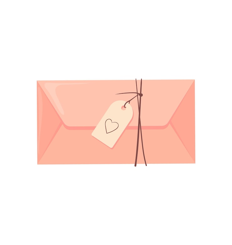 Vettore etichetta busta rosa. carta di affrancatura avvolta con il simbolo dell'amore, illustrazione vettoriale isolato su sfondo bianco
