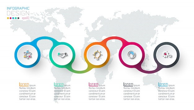 Etichetta cerchio infografica con 5 passaggi.