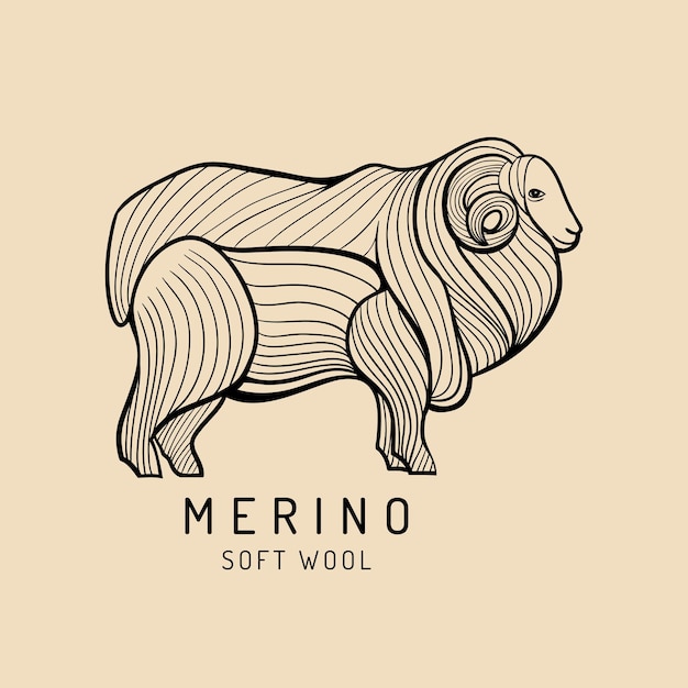 Etichetta del logo della pecora merino Illustrazione della ram vettoriale Segno di lana morbida di pecora Icona in pile Sfondo