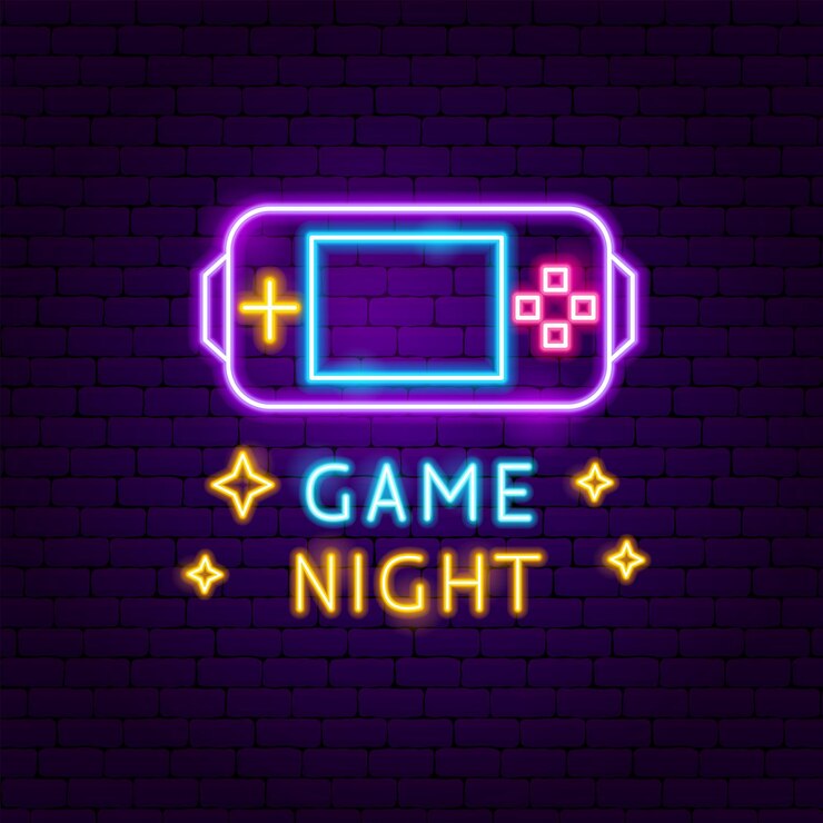 Vettore etichetta neon game night. illustrazione vettoriale di promozione del giocatore.
