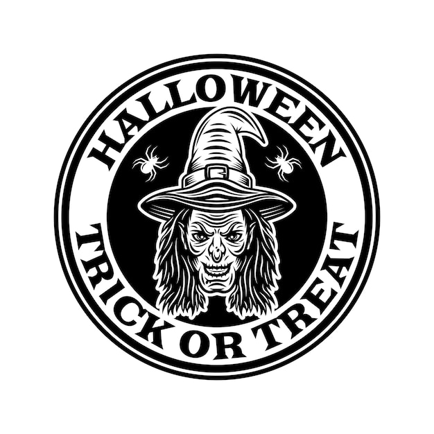 Etichetta o logo del distintivo dell'emblema rotondo dell'annata di Halloween con la testa della strega nell'illustrazione isolata di vettore di stile monocromatico