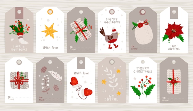 Etichetta regalo di Natale con illustrazione carina e auguri di vacanza