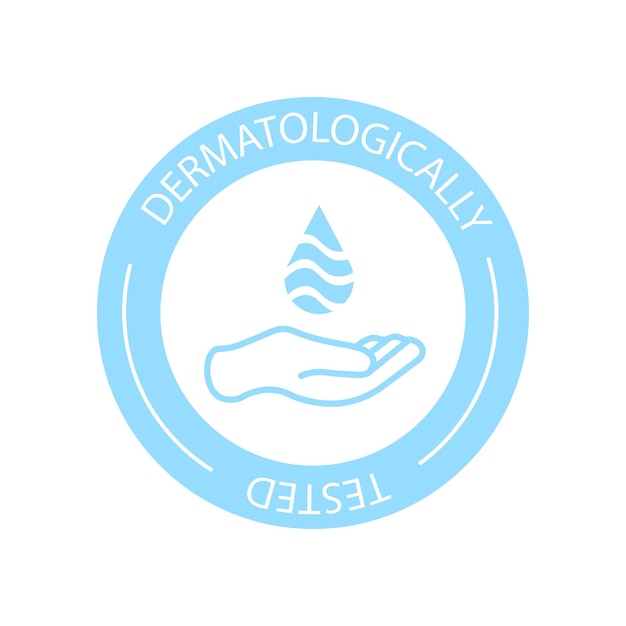Etichetta vettoriale dermatologicamente testata con foglia di goccia d'acqua e logo della mano Test dermatologico e icona clinicamente testata dal dermatologo per etichetta del pacchetto di prodotti sani e anallergici EPS