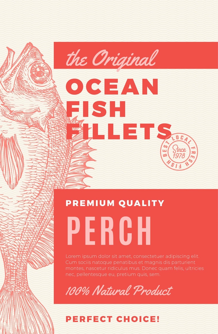 Vettore etichetta vettoriale di pesce e frutti di mare, modello di layout di sfondo della confezione, abete atlantico disegnato a mano