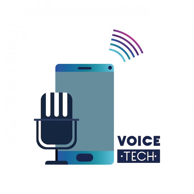 Etichetta vocale tecnica con smartphone e assistente vocale