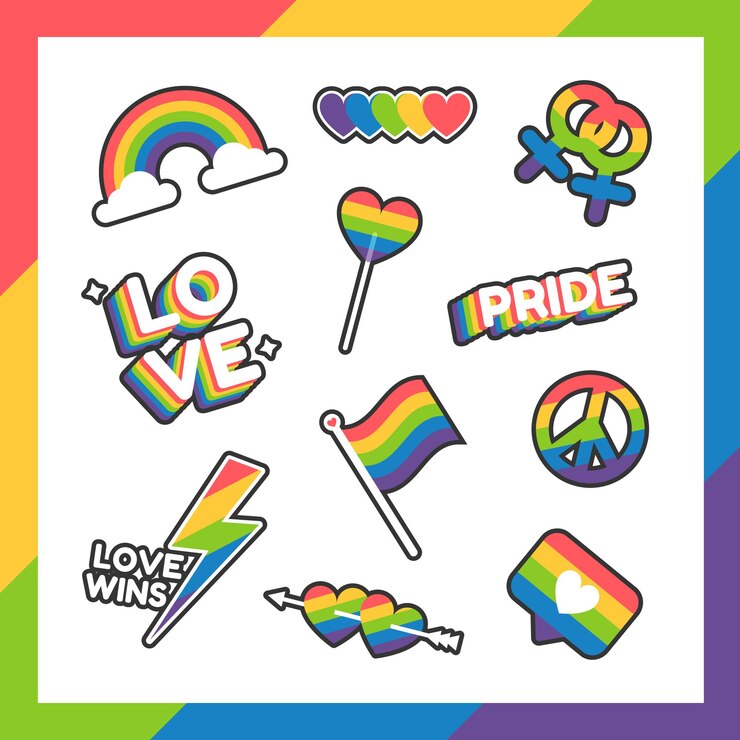 Etichette del Pride Day o collezione di adesivi in design piatto con i colori dell'arcobaleno