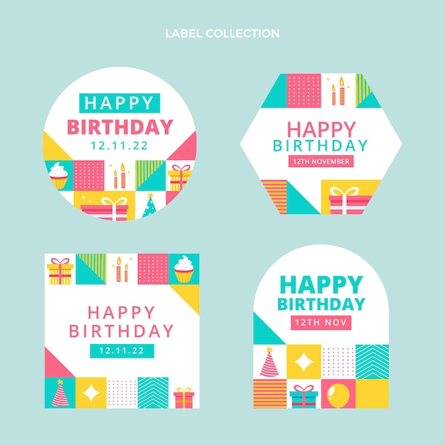 Etichette di compleanno a mosaico design piatto