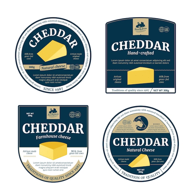 Etichette di formaggio cheddar e icone di formaggio