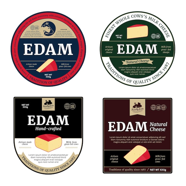 Etichette di formaggio Edam e icone di formaggio