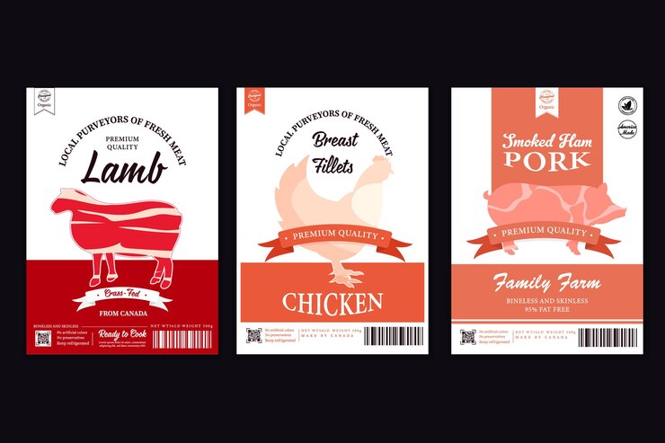 Etichette di macelleria di vettore con sagome di animali da fattoria. Icone di mucca, pollo, maiale, agnello, tacchino e anatra e trame di carne per generi alimentari, negozi di carne, imballaggi e pubblicità