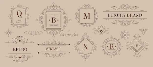 Etichette e loghi, design di marchi di lusso con ornamenti e forme. Emblemi di schizzo monocromatici vintage con iscrizioni ed elementi decorativi. Prodotto di prima qualità. Vettore in stile piatto