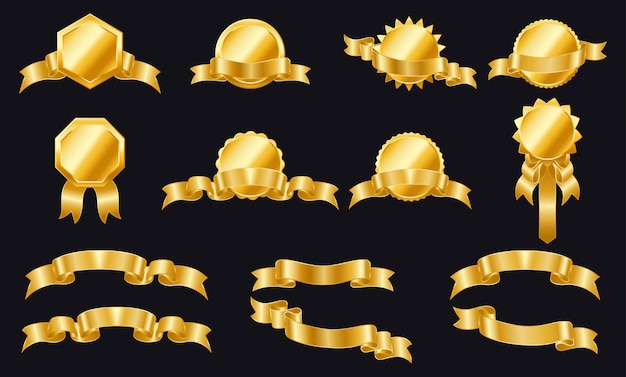 Etichette e scudi di nastri dorati. Set di nastri ed etichette. Avvolgere nastri d'oro per striscioni. Adesivo d'oro