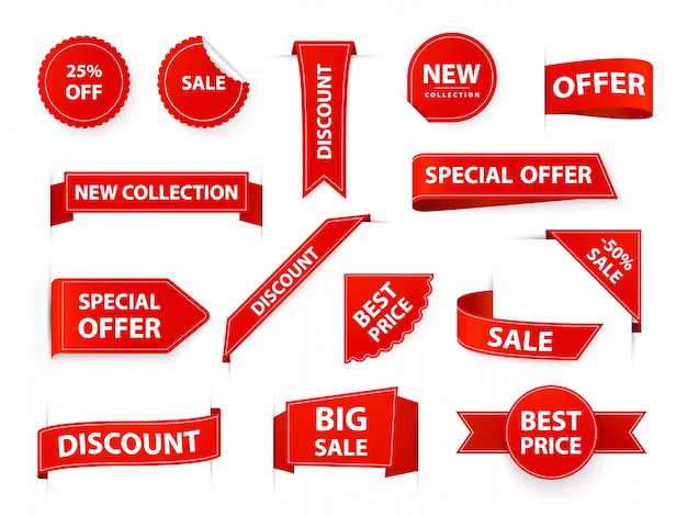 Etichette per etichette. Tag nastro prezzo realistico, bandiere rosse del mercato, vendita al dettaglio e marketing migliori etichette ed adesivi. Insieme dell'illustrazione del modello dell'autoadesivo di vendite di acquisto. Vendita d'angolo nuovi elementi di prodotto