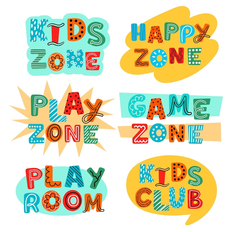 Etichette per zone di gioco infantili Segni di zona per bambini dei cartoni animati simpatiche iscrizioni colorate distintivi per bambini divertenti sala giochi testo disegno vettoriale setjpg