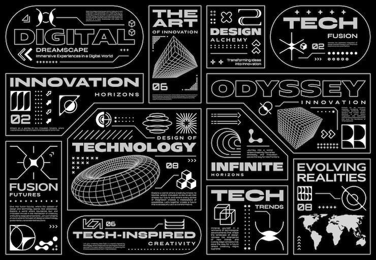 Vettore etichette retrofuturistiche di forma cyberpunk brutale