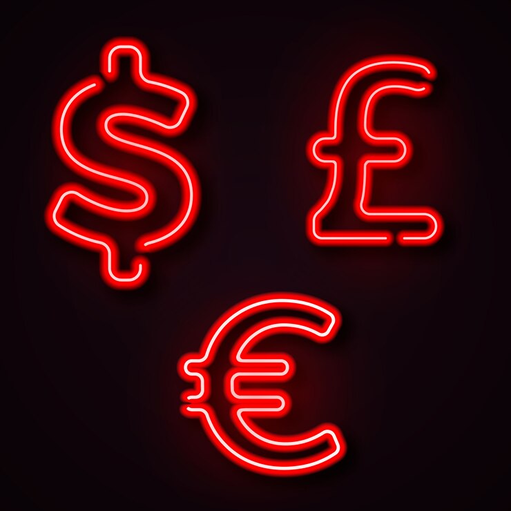 Vettore euro di sterlina del dollaro di simboli al neon di valuta