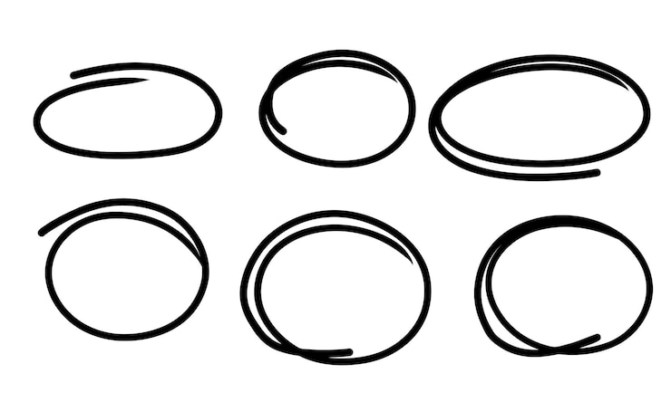 Evidenziare la linea di cornici di marcatori ovali Set di schizzi a cerchio di scarabocchi disegnati a mano Ellissi ovali di doodle