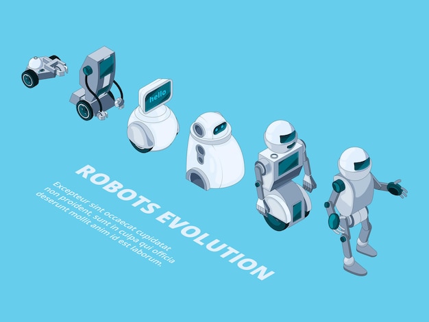 Evoluzione dei robot. Sviluppo robotico isometrico di caratteri digitali in metallo androidi.