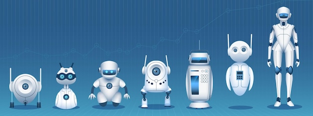 Evoluzione del robot. Timeline di sviluppo della tecnologia di intelligenza artificiale dal semplice bot all'androide umanoide. Concetto di vettore di innovazione tecnologica. Illustrazione futuristica tecnologia di evoluzione moderna