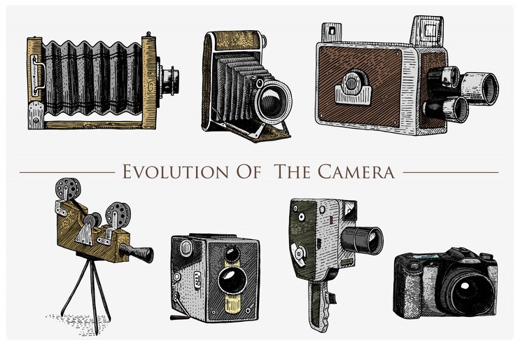 Vettore evoluzione della foto, video, film, cinepresa dal primo ad ora vintage, incisi disegnati a mano in stile schizzo o taglio legno, vecchio obiettivo retrò, illustrazione realistica isolata