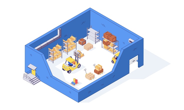 Fabbrica di pallet e carrelli elevatori per pallet scatola di magazzino isometrica Illustrazione delle merci di consegna. Pallet di carrelli elevatori di scatole nel carico isolato su priorità bassa bianca. deposito logistico