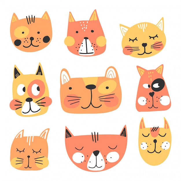 Facce di gatti disegnati a mano carina