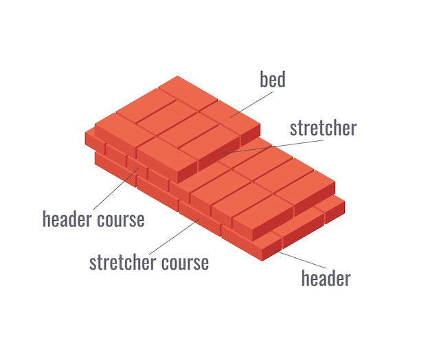 Facce di mattoni. Termini in muratura. Educativo su uno sfondo bianco in stile piatto.
