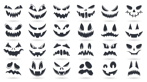Facce di zucche di Halloween. Le emoticon spettrali del fantasma affrontano l'insieme dell'illustrazione di vettore isolato. I volti di zucca spaventosi sorridono e si spengono in modo spettrale