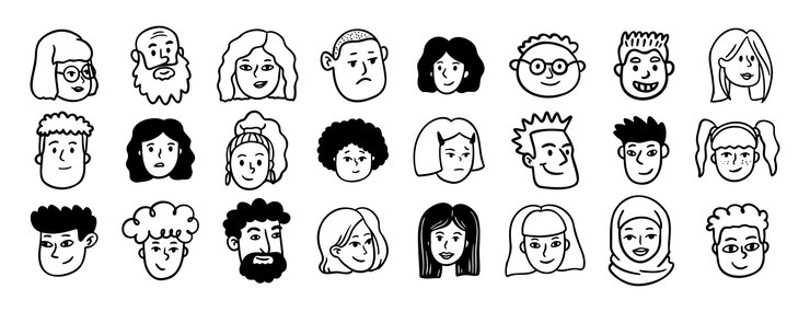 Facce persone diversi avatar doodle set di icone disegnate a mano Contorno disegno testa persone linea raccolta di simboli clipart