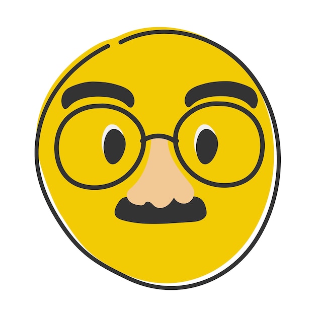 Faccia con occhiali e baffi sorriso emoji giallo Emoticon in stile piatto disegnato a mano