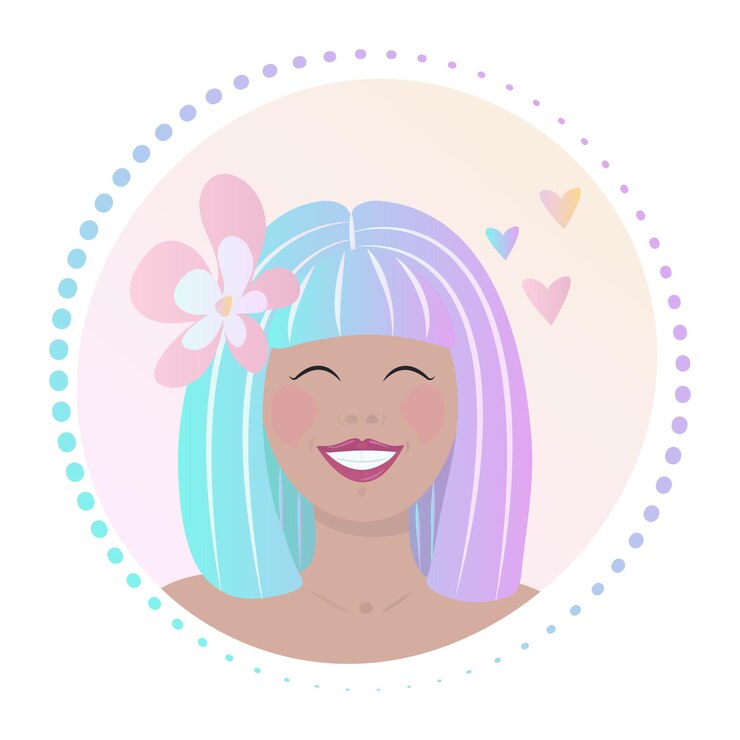 Vettore faccia di donna felice con un sorriso, gradiente vettoriale, segno rotondo, signora con un taglio di capelli e un fiore nei capelli.
