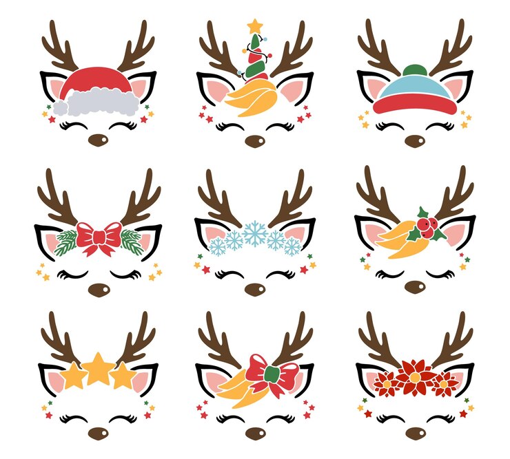 Vettore faccia di renne carino natale renne set di una faccia di renne carino illustrazione vettoriale