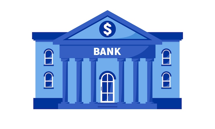 Vettore facciata colorata blu della costruzione della banca isolata su fondo bianco. edificio di architettura con colonne.