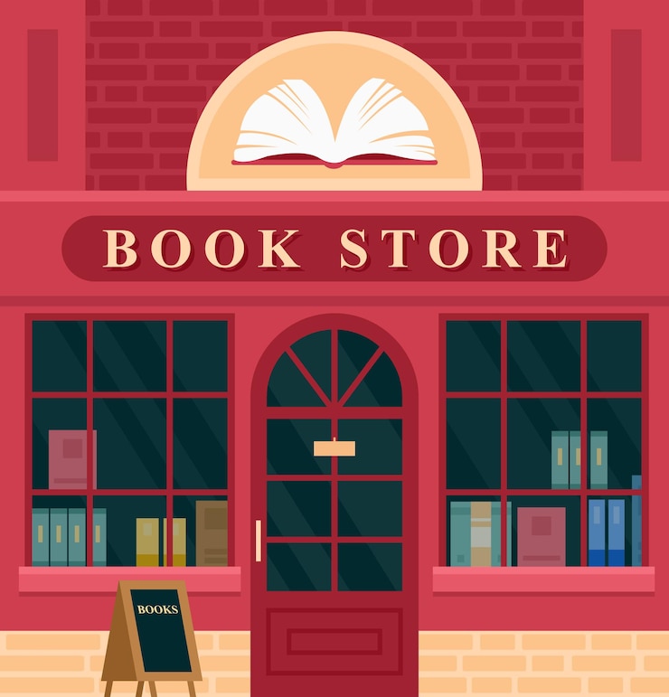 Vettore facciata del negozio di libri d'epoca della costruzione della città. esterno della casa del fumetto con libreria d'ingresso