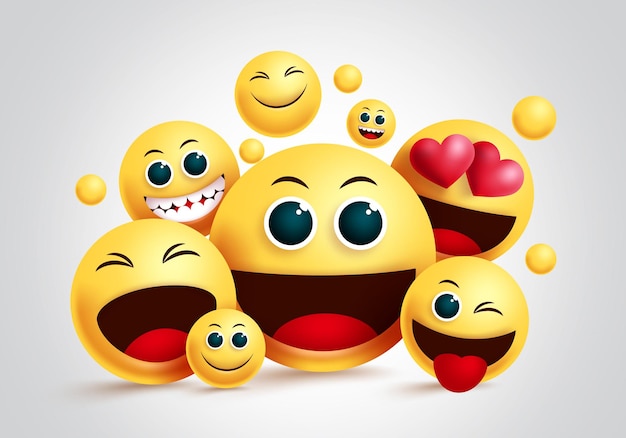 Faccina emoji gruppo disegno vettoriale Emoji faccina sorridente gialla di amici felici insieme al viso