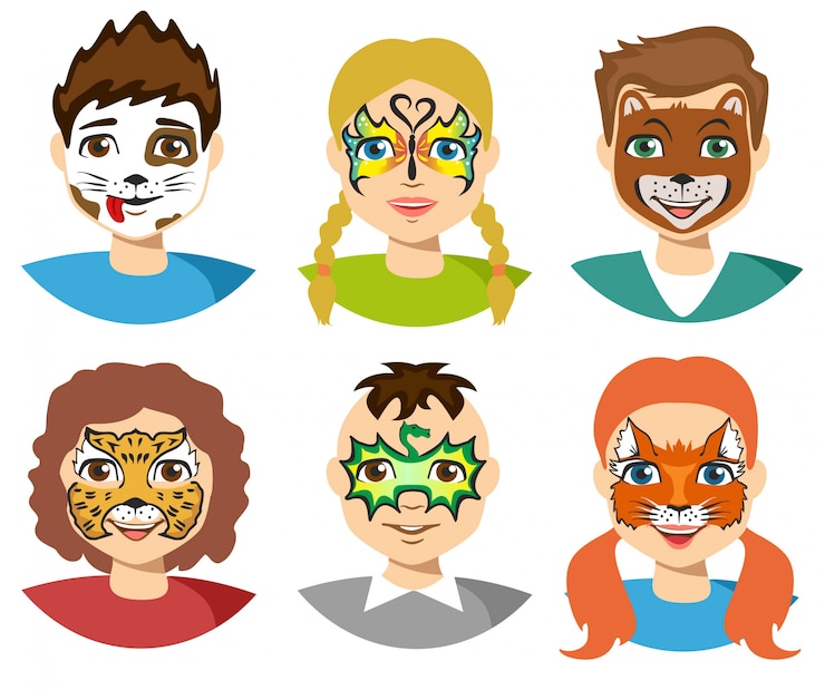 Vettore face painting, bambini volti con pittura isolato