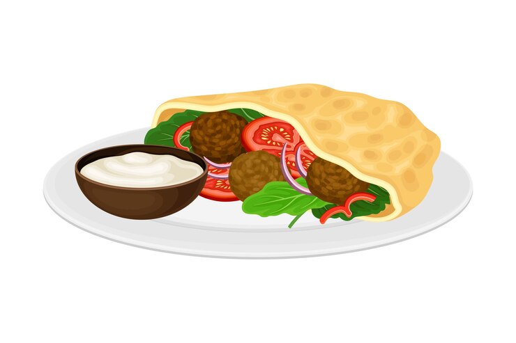 Vettore falafel come cibo di strada nazionale di israele servito su un piatto con illustrazione del vettore della salsa