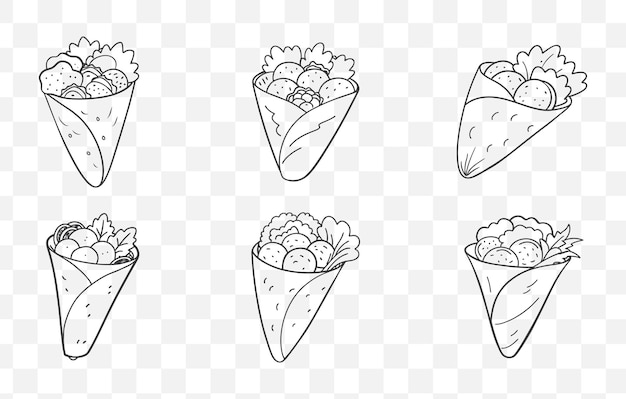 Falafel Wrap Line Art Vector Set di illustrazioni dettagliate per progetti di imballaggio e progettazione di alimenti