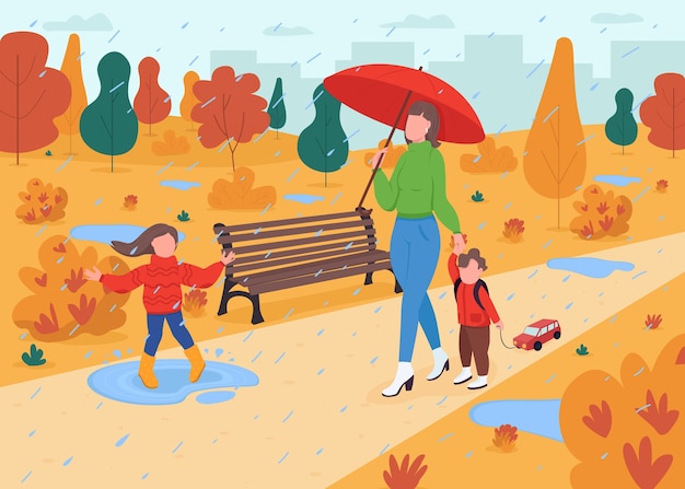 Famiglia a piedi nell'illustrazione di colore piatto del parco di caduta