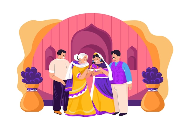 Famiglia che celebra Diwali insieme vettore