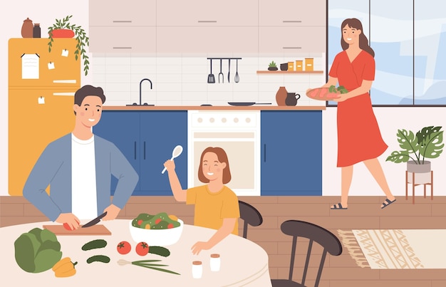 Famiglia che cucina insieme Genitori e figlia felici dei cartoni animati che preparano la cena insieme in cucina Padre e figlio che tagliano le verdure