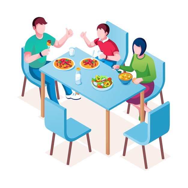Famiglia che gode del pasto al tavolo. Madre, padre e figlio a cena o pranzo, cena o colazione.