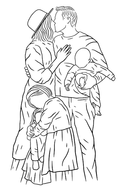 Famiglia con amore felice moglie e marito con bambino e bambino Line Art illustrazione