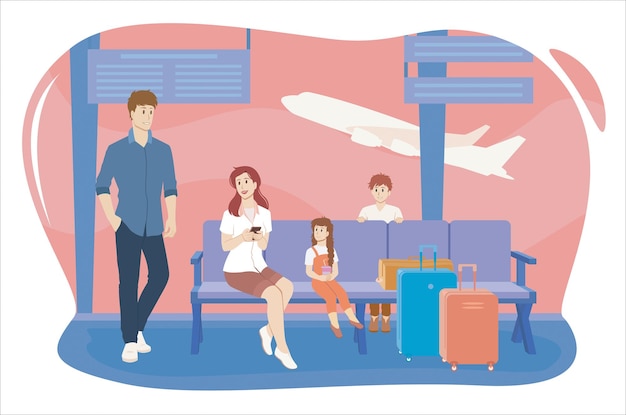 Famiglia con bambini che aspettano il loro aereo all'aeroporto