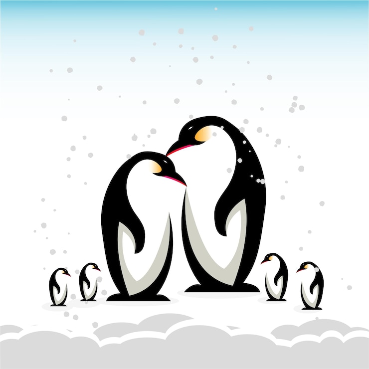 Vettore famiglia di pinguini e disegno di bandiera della neve